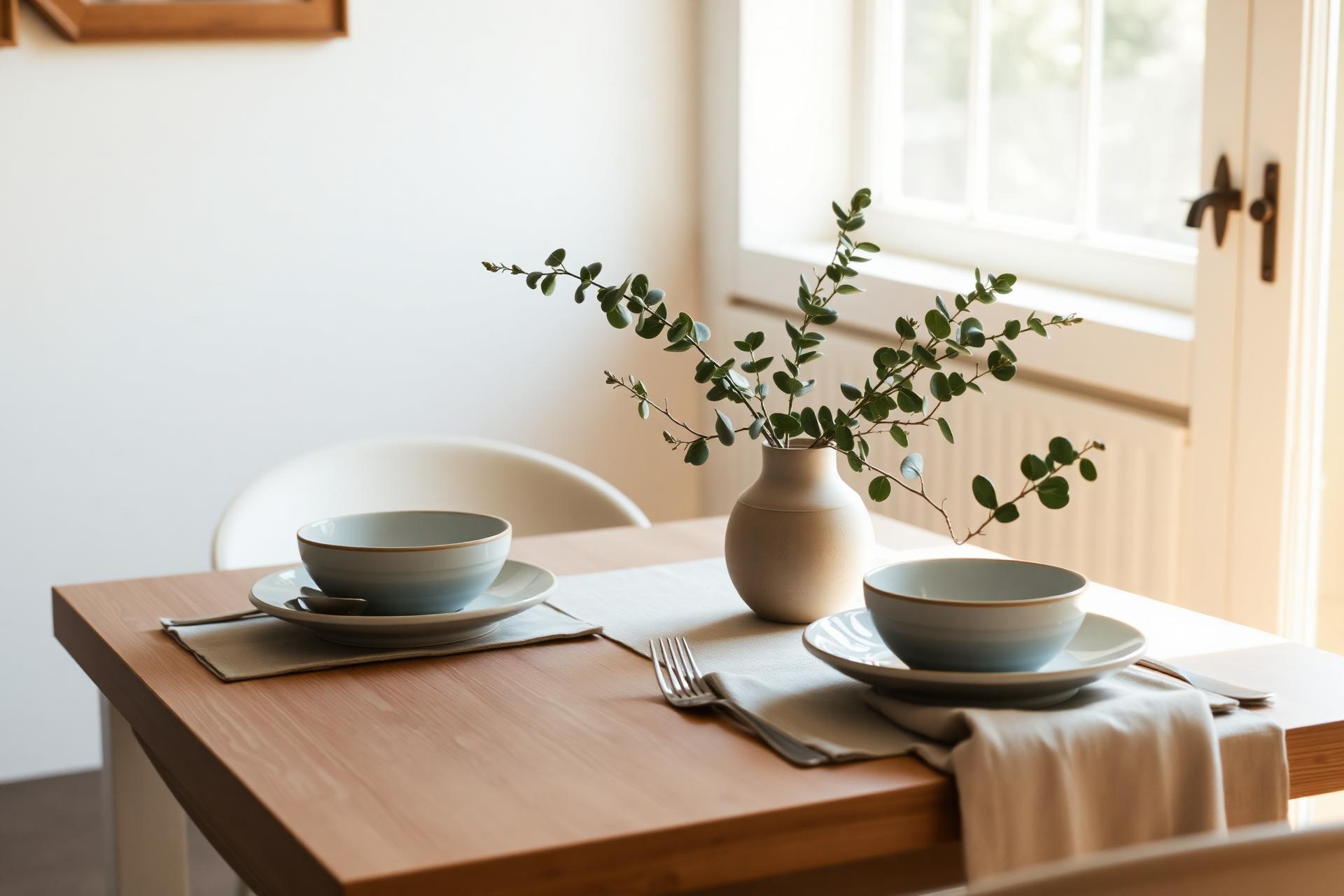 Sunlit table set with handmade ceramic plates and a stoneware vase